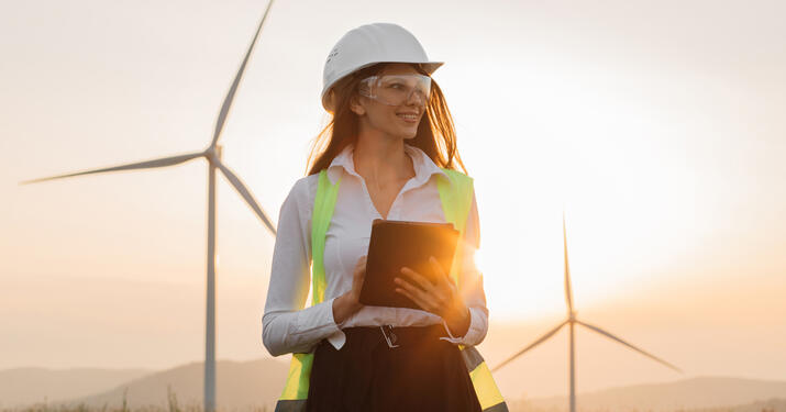 Beautiful caucasian woman in white helmet working with digital tablet at renewable energy farm. Female inspector controlling functioning of wind turbines outdoors.